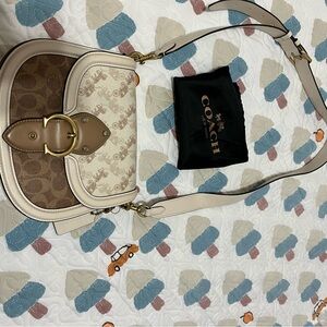 Coach Cream and Brown Shoulder Bag with Leather Trim